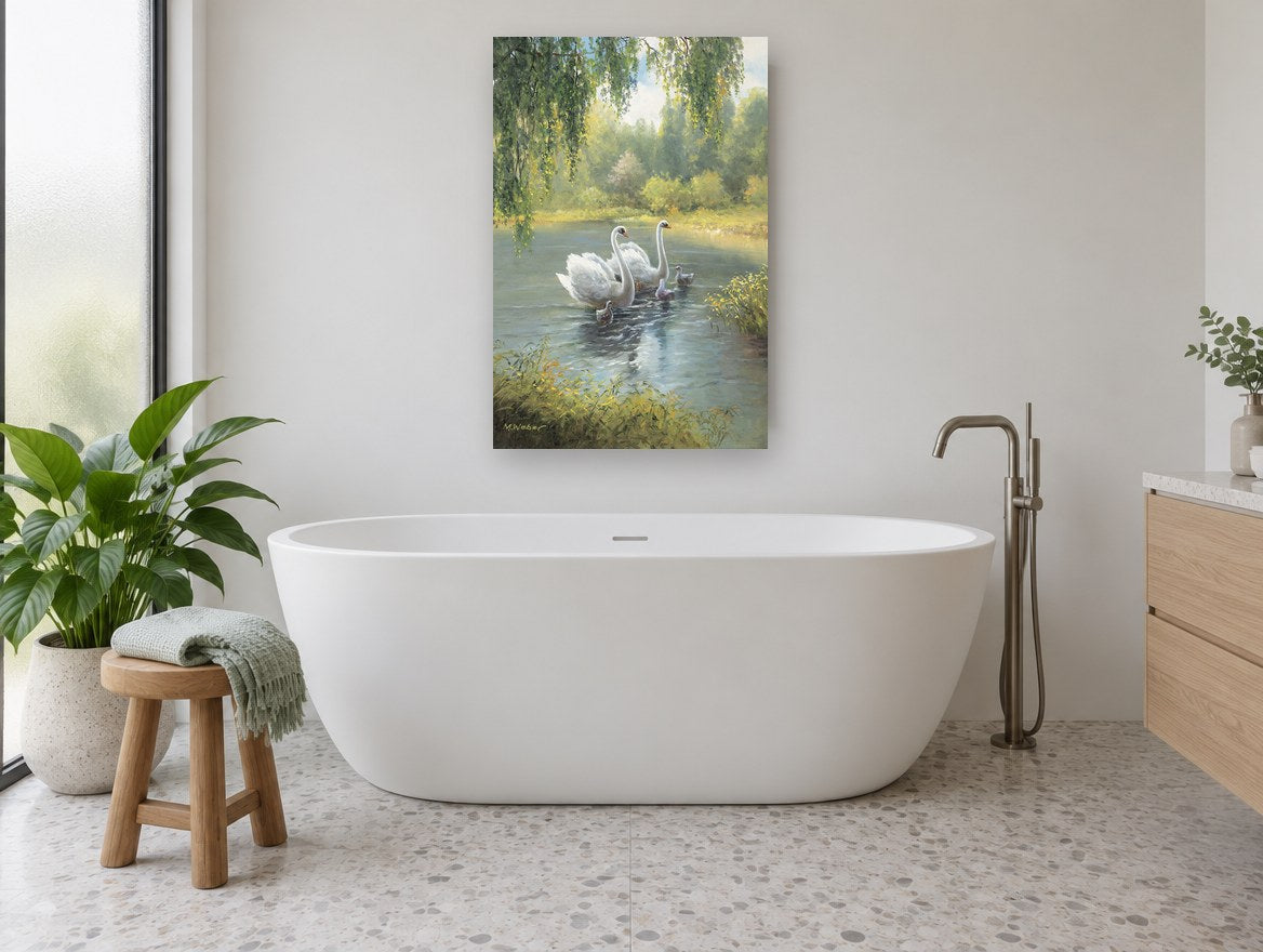 Swans on the Willow Pond floral canvas print on the wall of a bathroom