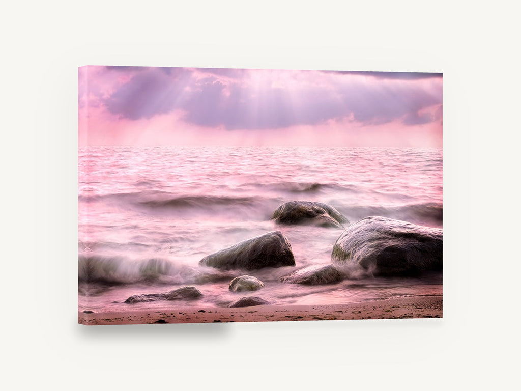 Pink Tide Boulders, pink sunset sea rocks photograph, coastal canvas wall art print ready to hang