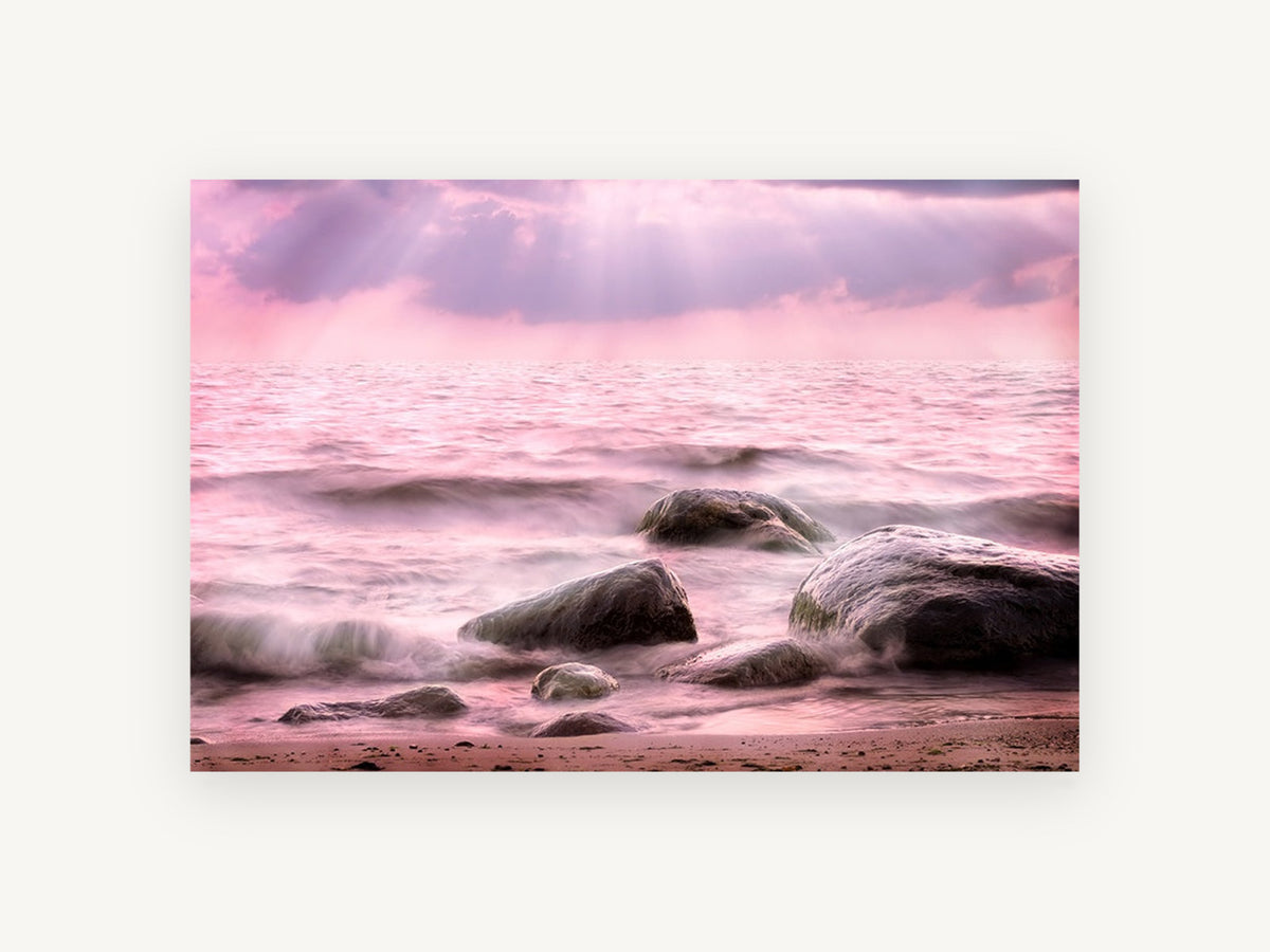 Pink Tide Boulders, coastal canvas wall art print, front view