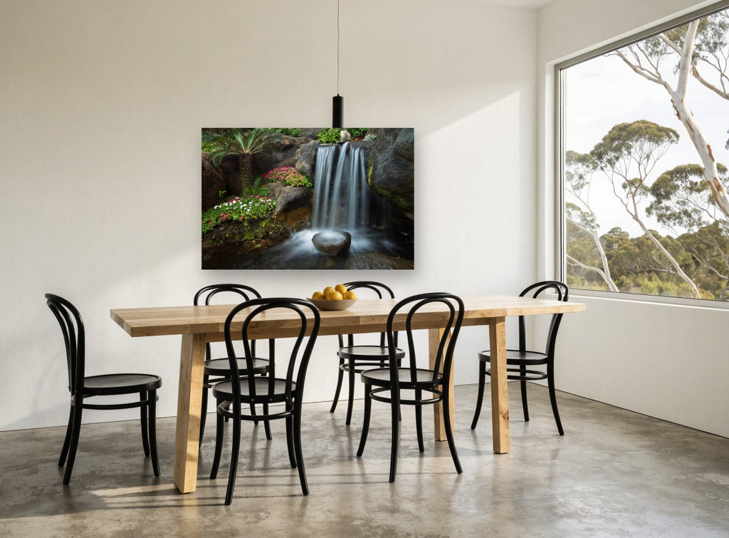 Silken Garden Falls landscape canvas print on the wall of a dining room