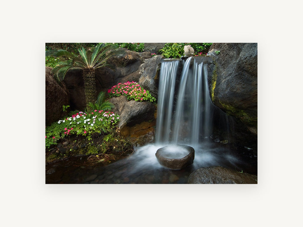 Silken Garden Falls, garden waterfall long exposure photograph, landscape canvas wall art print, front view