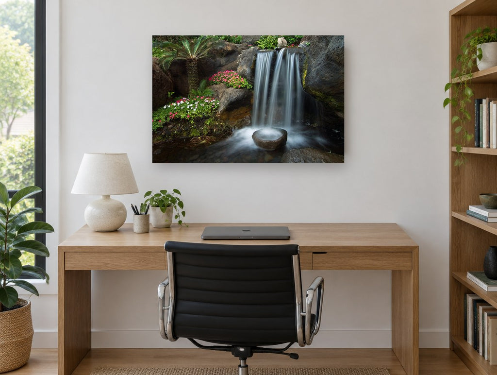Silken Garden Falls landscape canvas print on the wall of a study