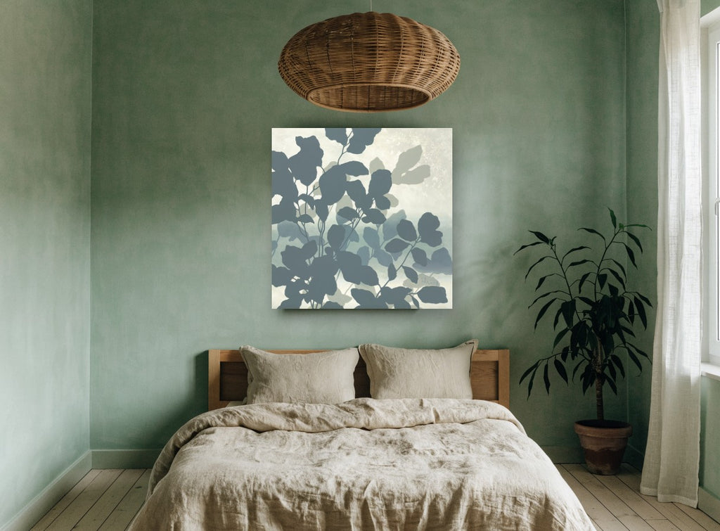 Slate Leaf Silhouettes floral canvas print on the wall of a bedroom