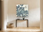 Slate Leaf Silhouettes floral canvas print on the wall of a hallway