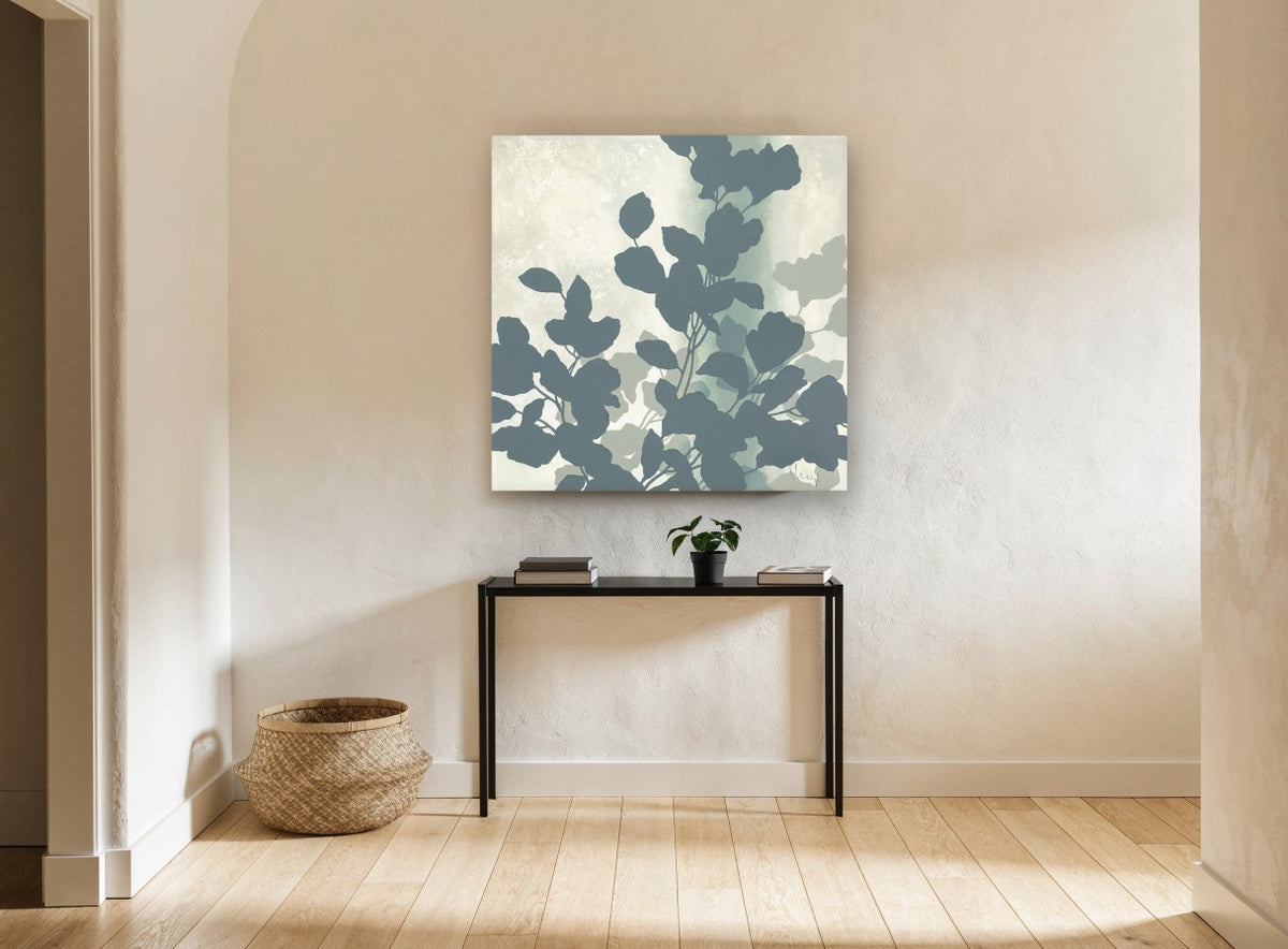 Slate Leaf Silhouettes floral canvas print on the wall of a hallway