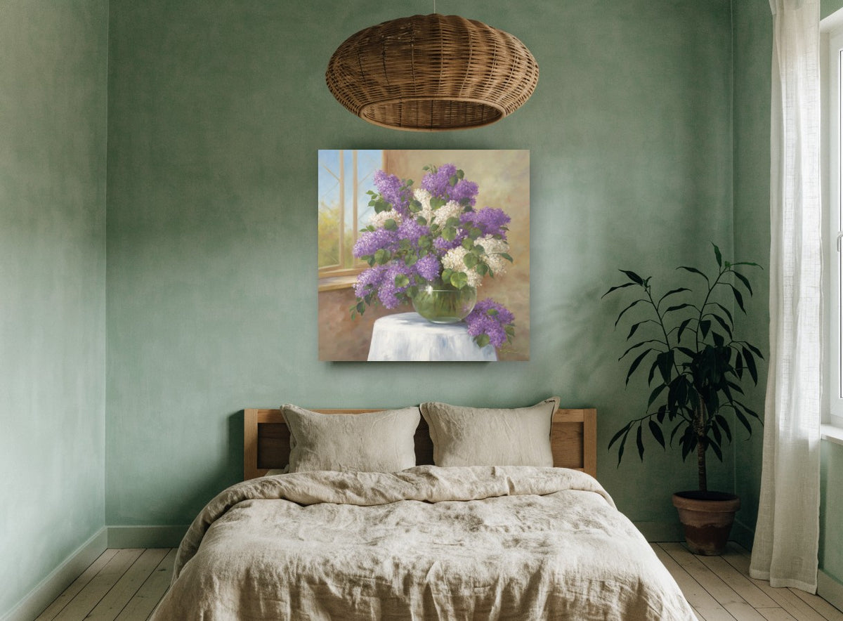 Lilacs by the Window floral canvas print on the wall of a bedroom