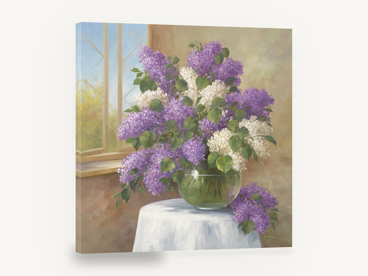 Lilacs by the Window, purple and white lilac bouquet painting, floral canvas wall art print ready to hang