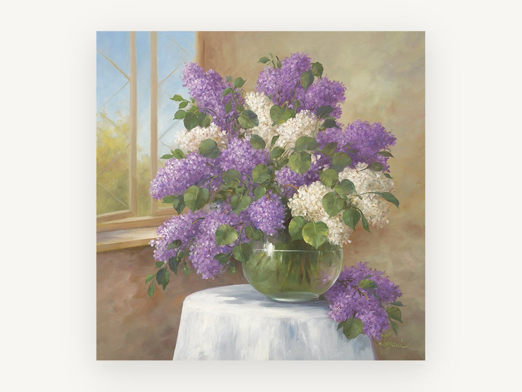 Lilacs by the Window, floral canvas wall art print, front view