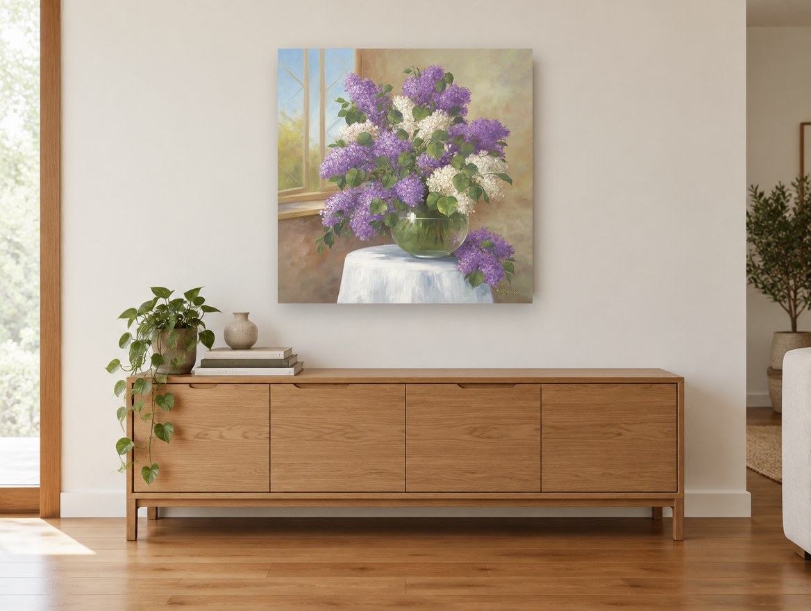 Lilacs by the Window floral canvas print on the wall of a living room above a sideboard