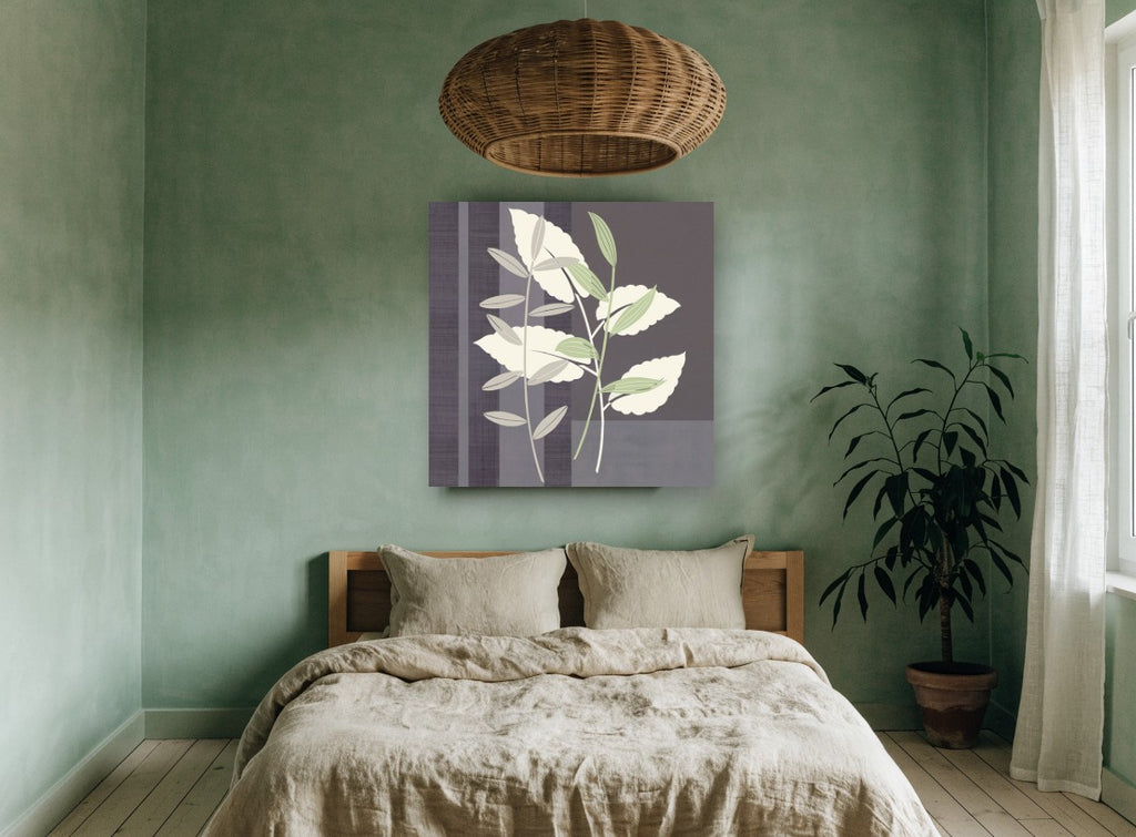 Sage and Cream Leaves floral canvas print on the wall of a bedroom