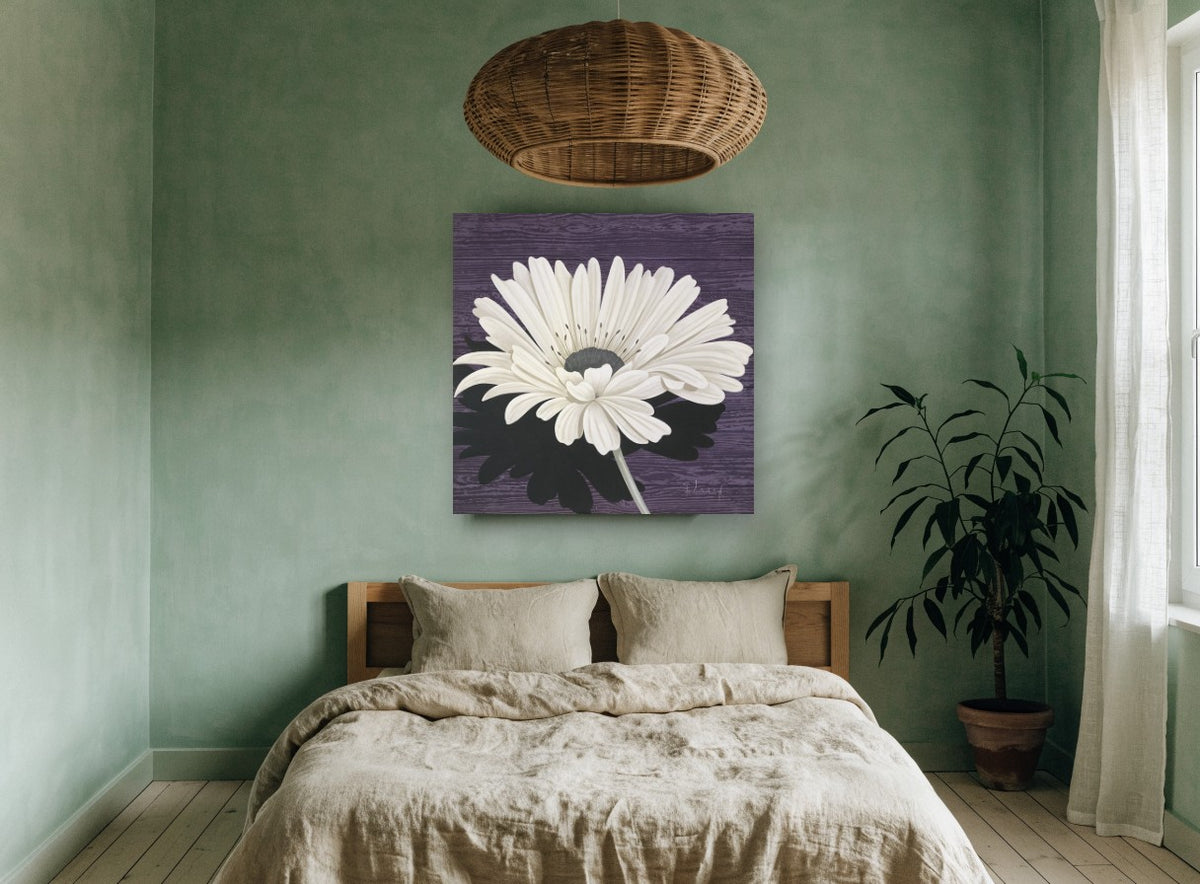 White Gerbera on Plum floral canvas print on the wall of a bedroom