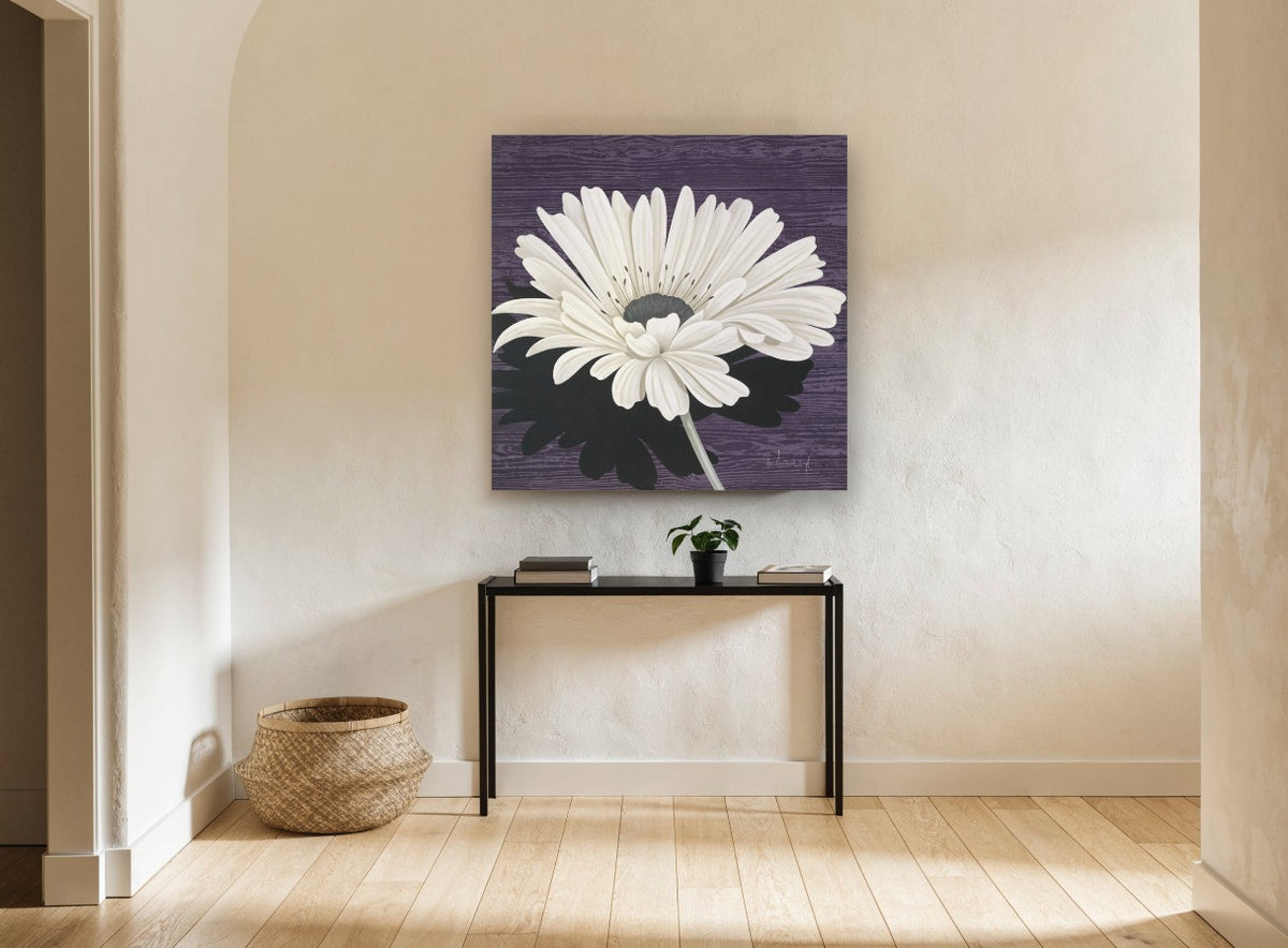 White Gerbera on Plum floral canvas print on the wall of a hallway