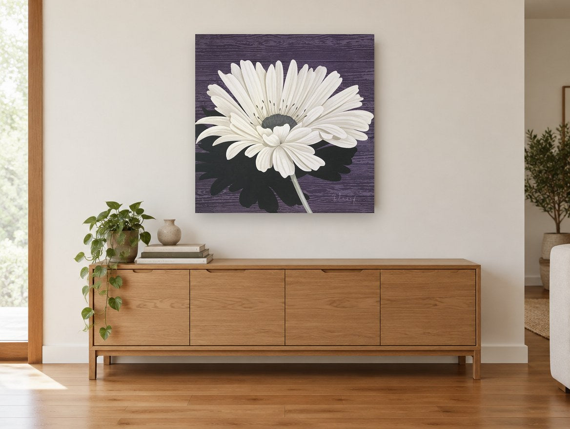 White Gerbera on Plum floral canvas print on the wall of a living room above a sideboard