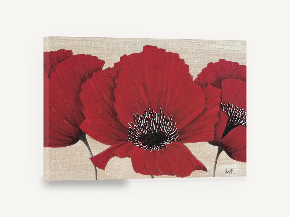 Three Red Poppies, red poppy trio floral painting, floral canvas wall art print ready to hang