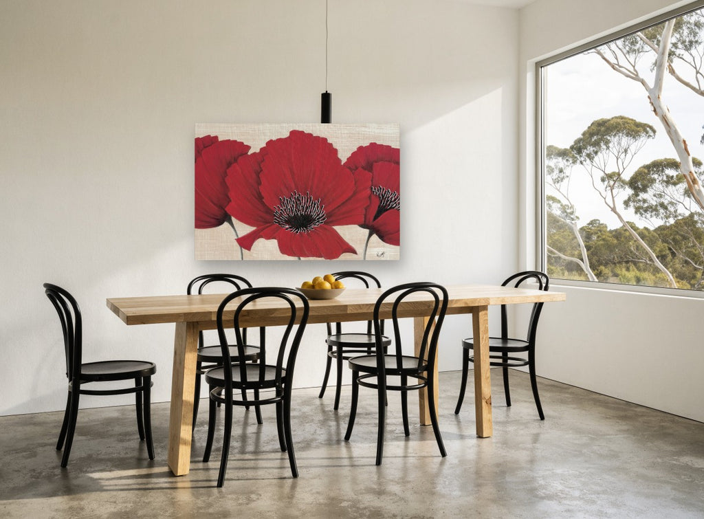 Three Red Poppies floral canvas print on the wall of a dining room
