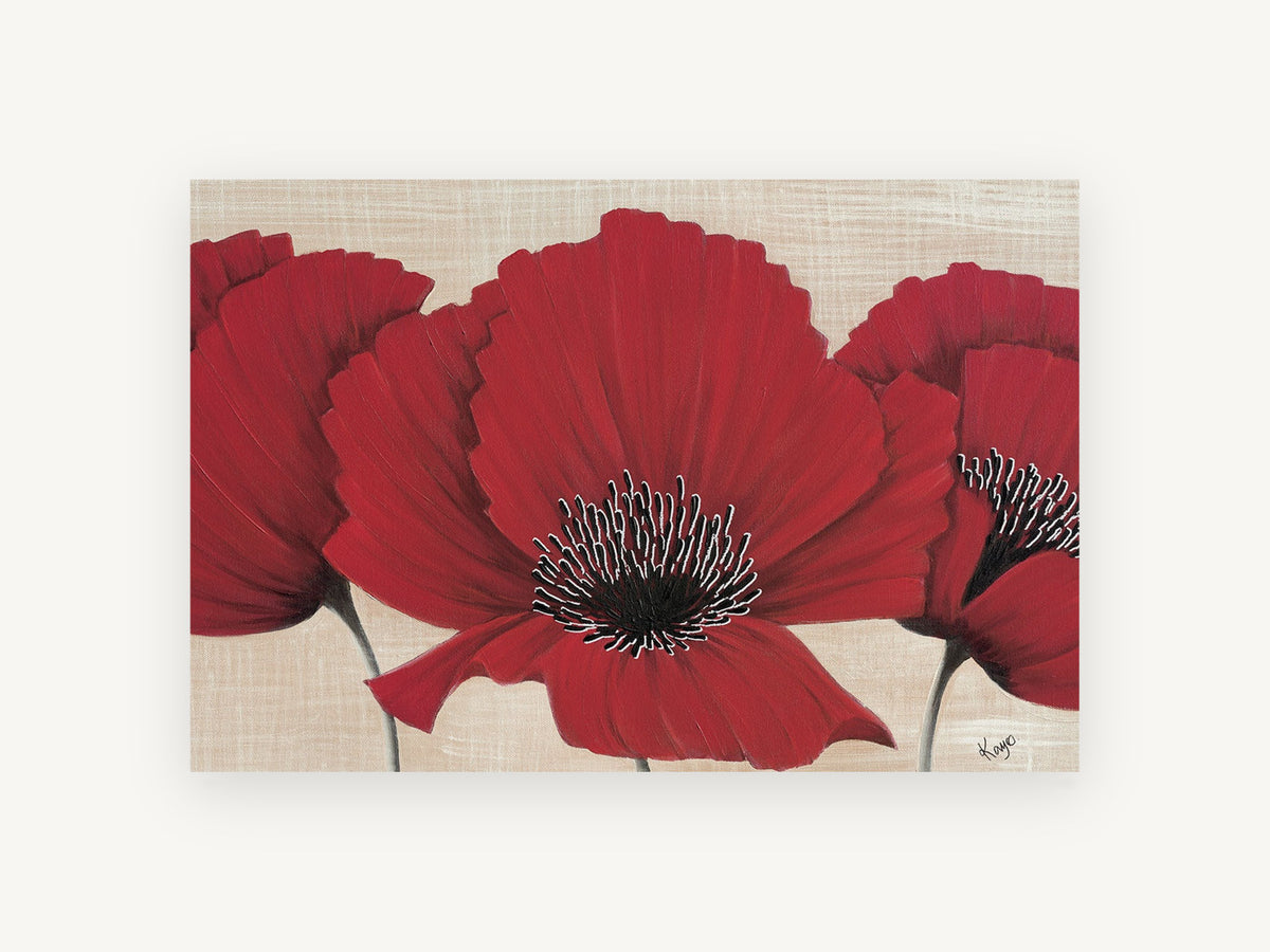 Three Red Poppies, floral canvas wall art print, front view