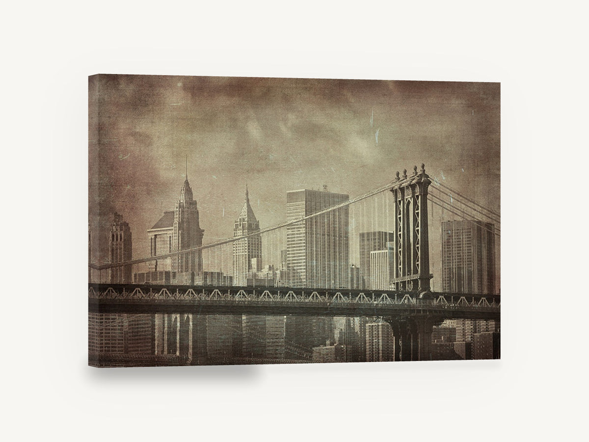 Manhattan Bridge Sepia Haze, manhattan bridge vintage sepia photograph, city canvas wall art print ready to hang