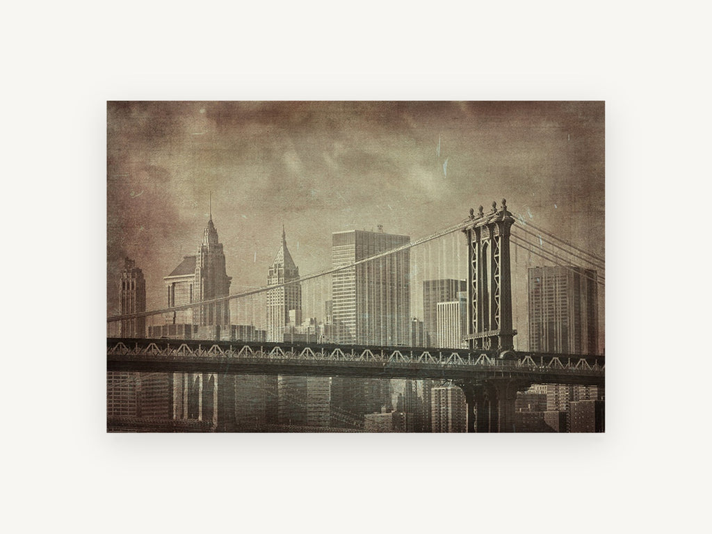 Manhattan Bridge Sepia Haze, manhattan bridge vintage sepia photograph, city canvas wall art print, front view