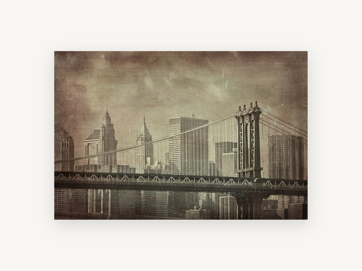 Manhattan Bridge Sepia Haze, manhattan bridge vintage sepia photograph, city canvas wall art print, front view