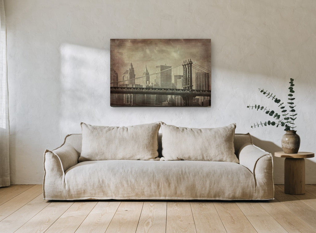 Manhattan Bridge Sepia Haze city canvas print on the wall of a living room