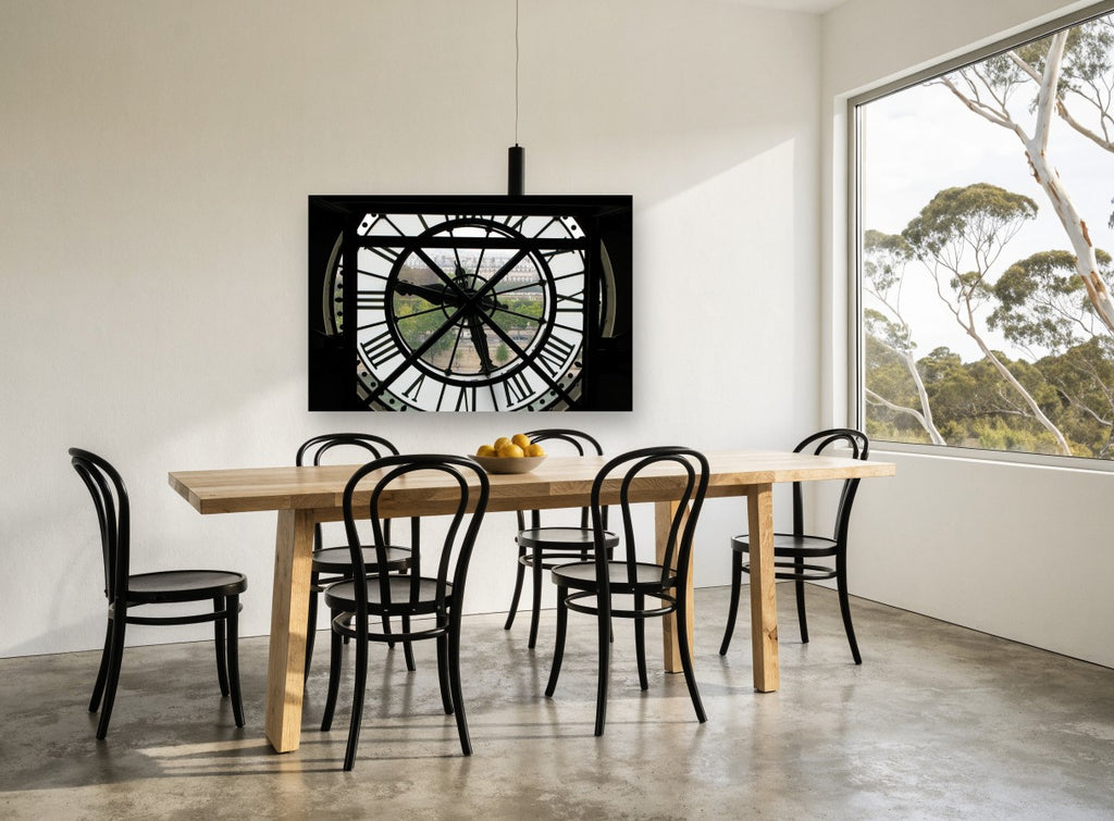 Clock Face Over Paris city canvas print on the wall of a dining room