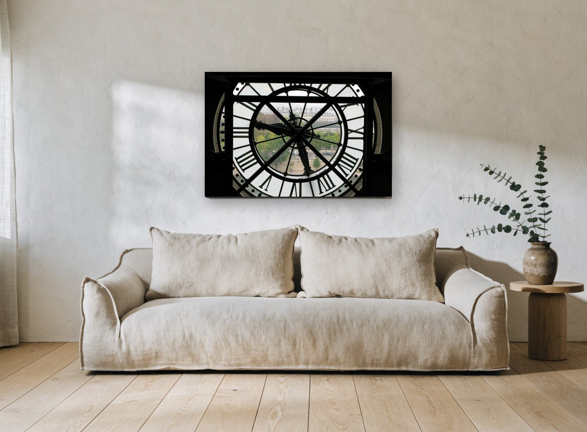 Clock Face Over Paris city canvas print on the wall of a living room