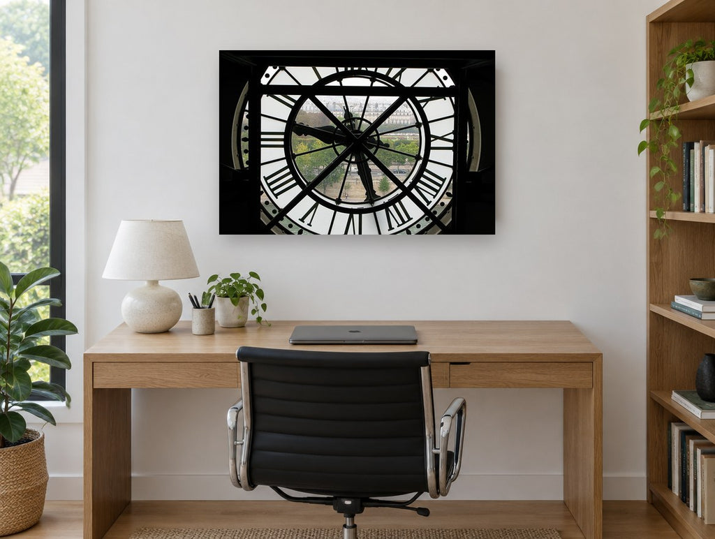 Clock Face Over Paris city canvas print on the wall of a study