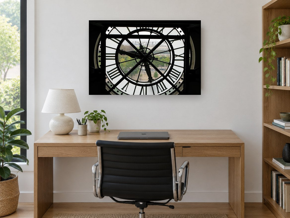 Clock Face Over Paris city canvas print on the wall of a study
