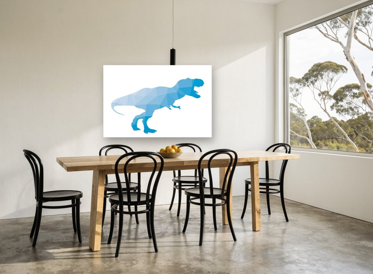 Blue Facet Tyrannosaur animal canvas print on the wall of a dining room