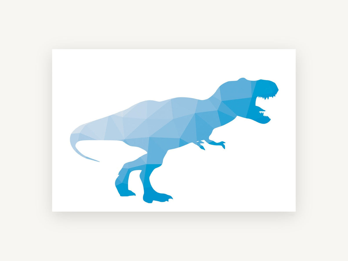 Blue Facet Tyrannosaur, blue geometric dinosaur illustration, animal canvas wall art print, front view