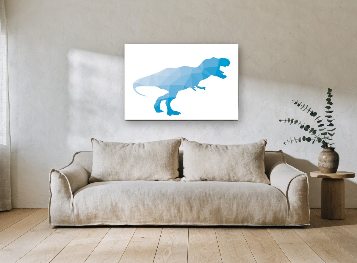 Blue Facet Tyrannosaur animal canvas print on the wall of a living room
