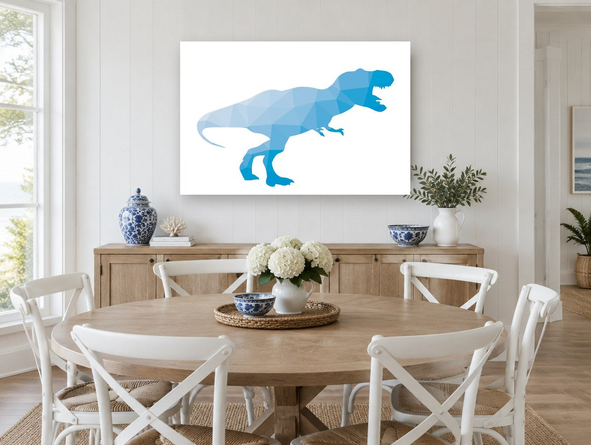 Blue Facet Tyrannosaur animal canvas print on the wall of a Hamptons dining room