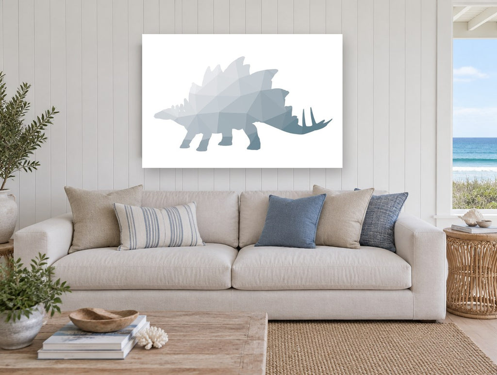 Faceted Stegosaurus Silhouette animal canvas print on the wall of a beach house living room