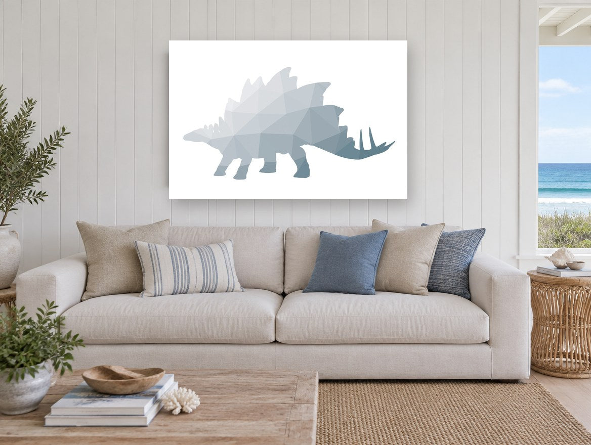 Faceted Stegosaurus Silhouette animal canvas print on the wall of a beach house living room