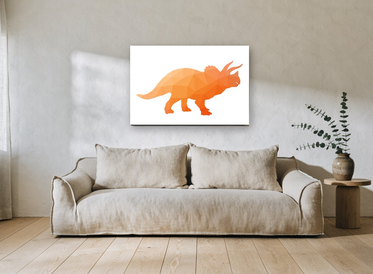 Orange Geo Triceratops animal canvas print on the wall of a living room