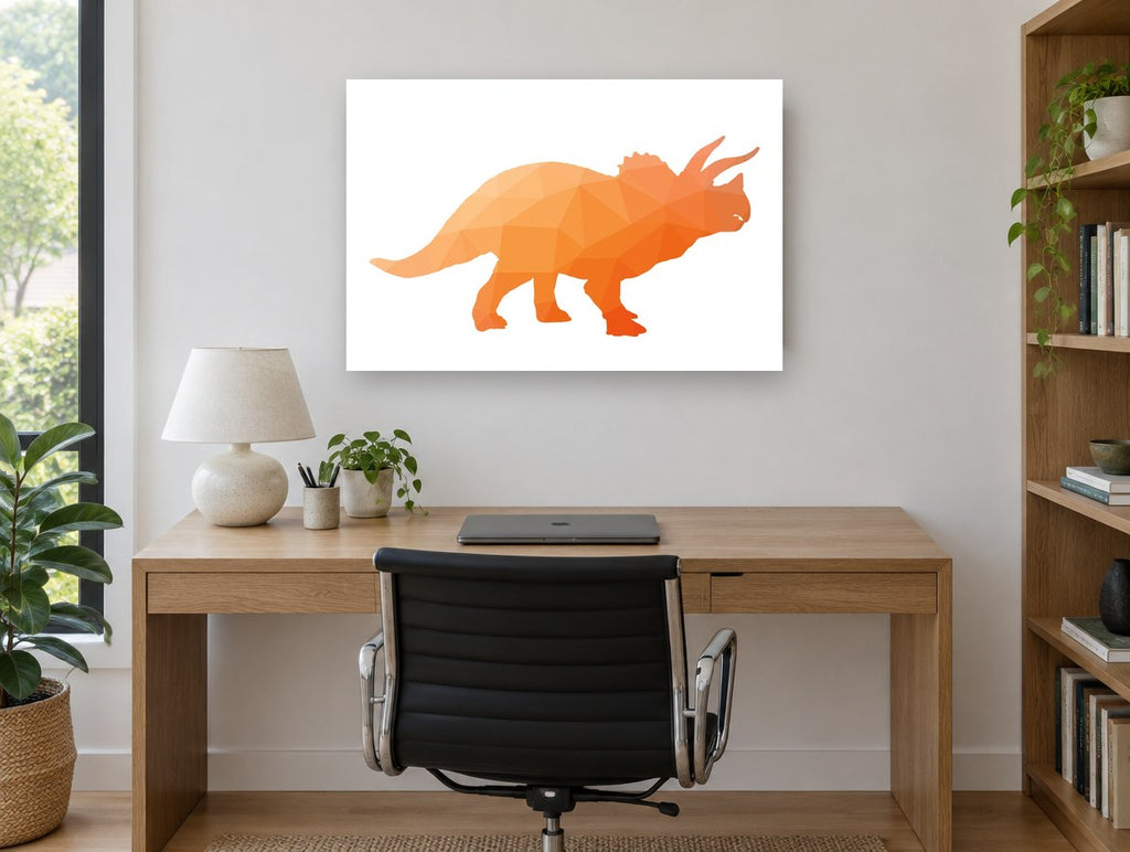 Orange Geo Triceratops animal canvas print on the wall of a study