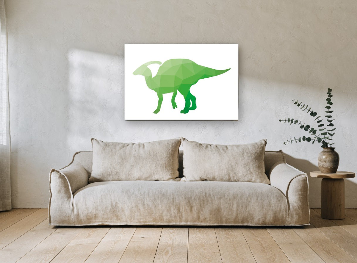 Green Faceted Parasaurolophus animal canvas print on the wall of a living room