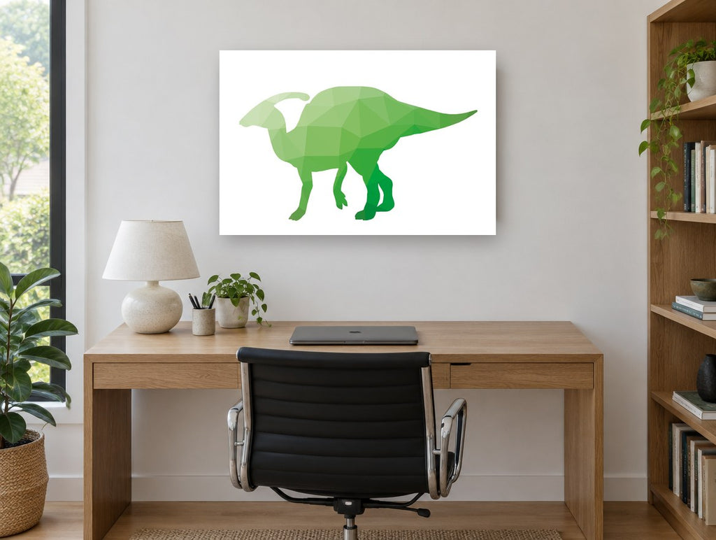 Green Faceted Parasaurolophus animal canvas print on the wall of a study