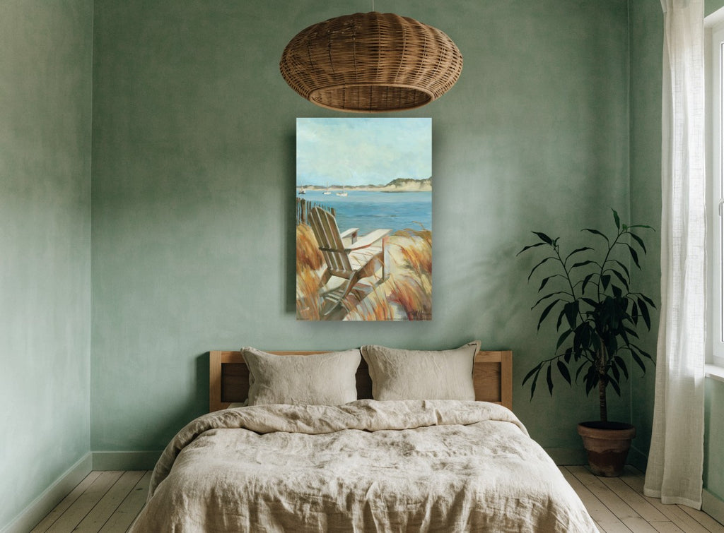 Dune Chair Harbour View coastal canvas print on the wall of a bedroom