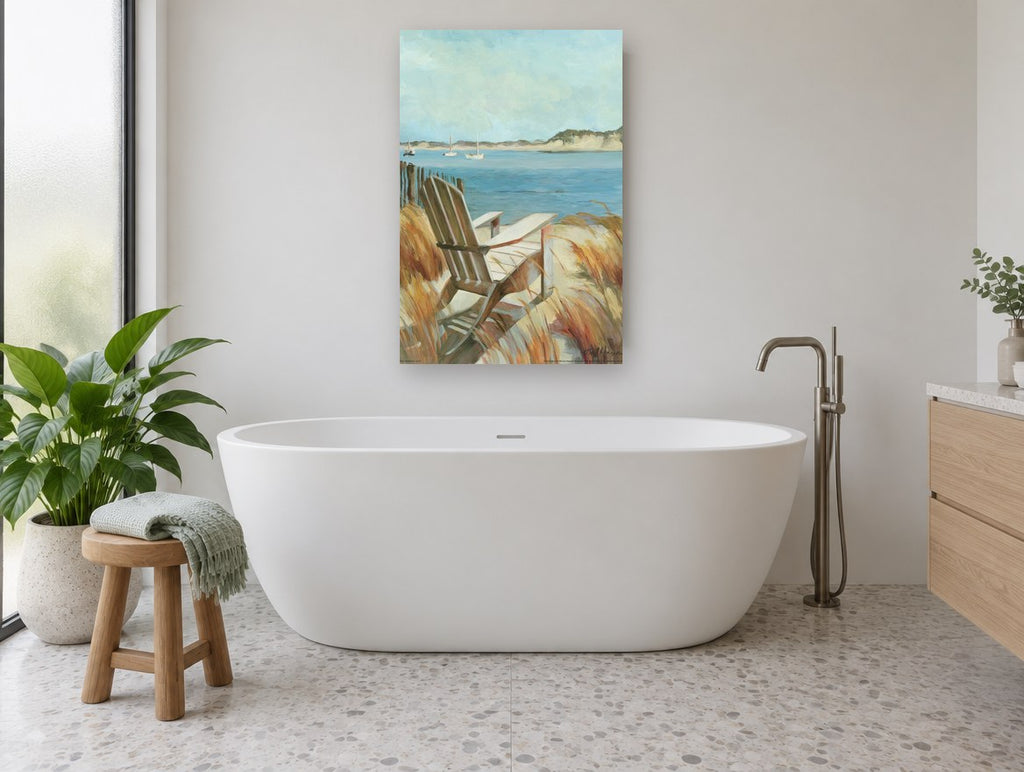 Dune Chair Harbour View coastal canvas print on the wall of a bathroom