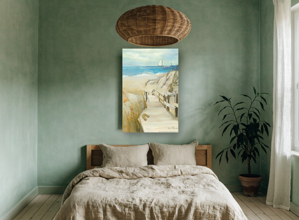 Dune Boardwalk Escape coastal canvas print on the wall of a bedroom