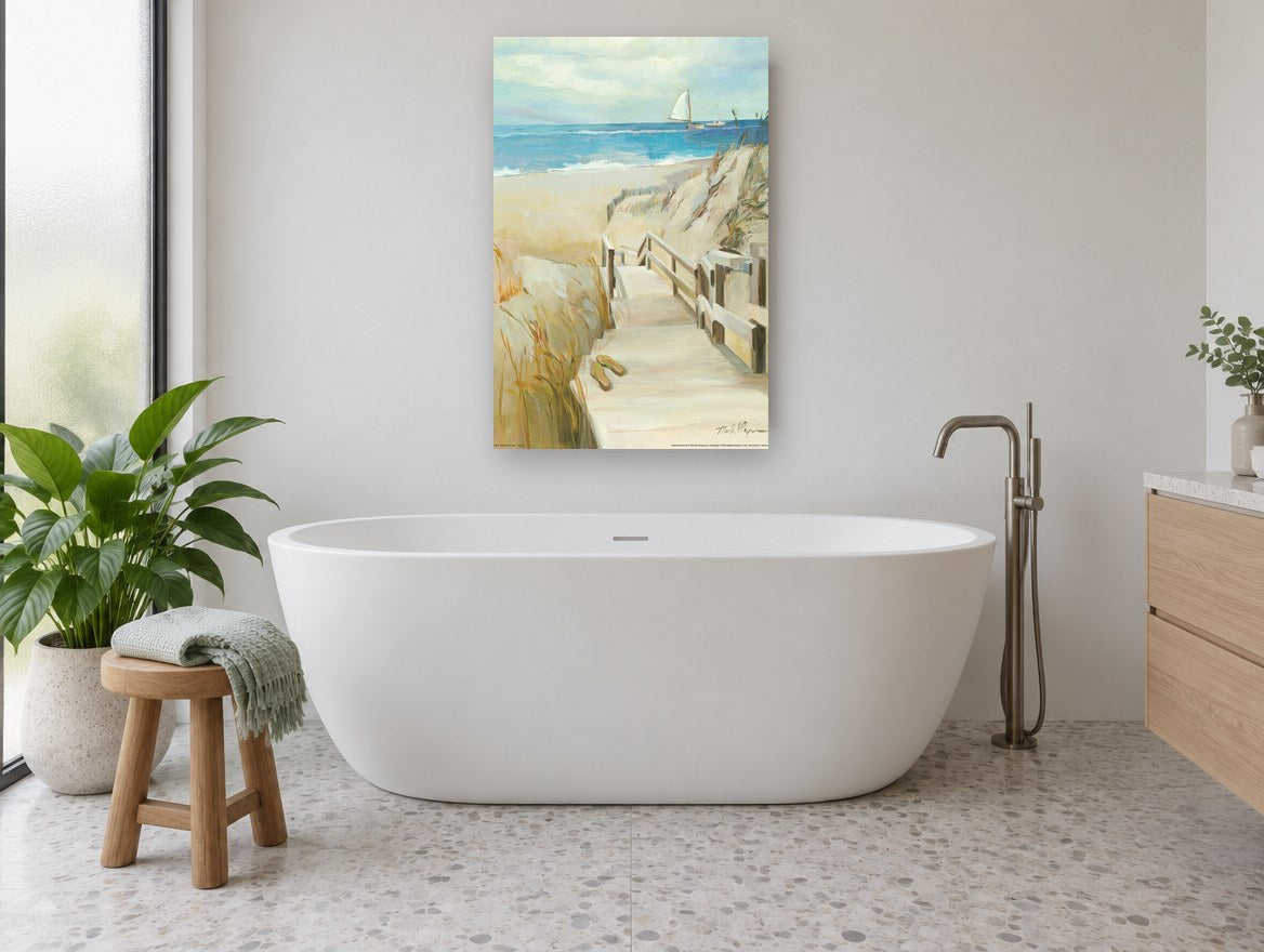 Dune Boardwalk Escape coastal canvas print on the wall of a bathroom
