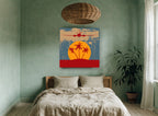 Island Flight at Sunset vintage canvas print on the wall of a bedroom