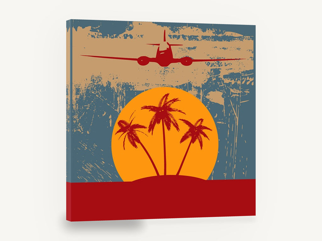 Island Flight at Sunset, retro tropical island plane travel poster, stretched canvas wall art print ready to hang