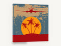 Island Flight at Sunset, retro tropical island plane travel poster, stretched canvas wall art print ready to hang
