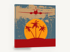 Island Flight at Sunset, retro tropical island plane travel poster, stretched canvas wall art print ready to hang
