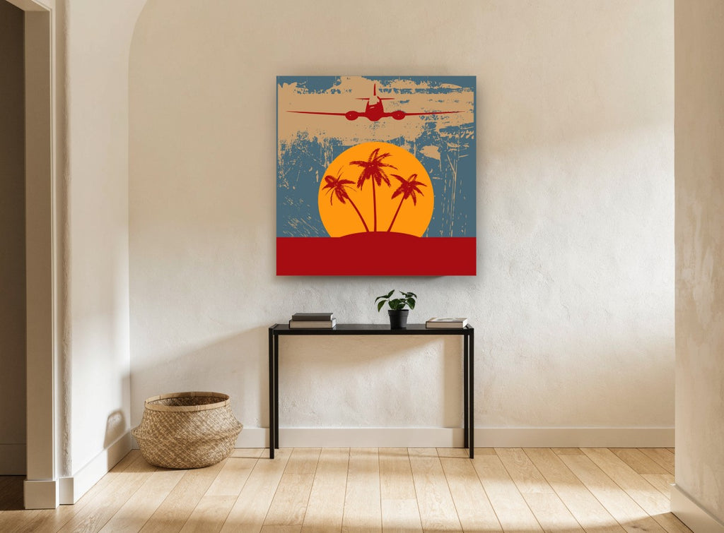 Island Flight at Sunset vintage canvas print on the wall of a hallway