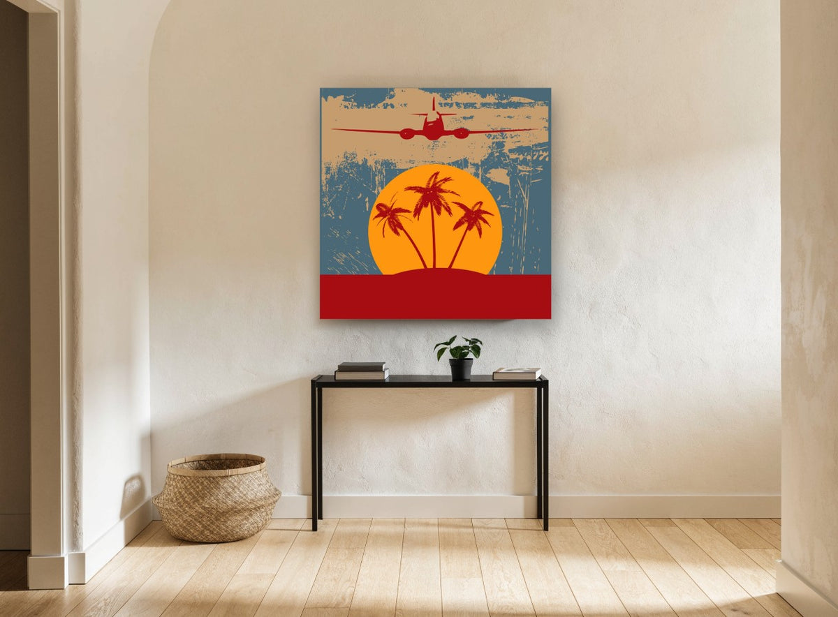 Island Flight at Sunset vintage canvas print on the wall of a hallway