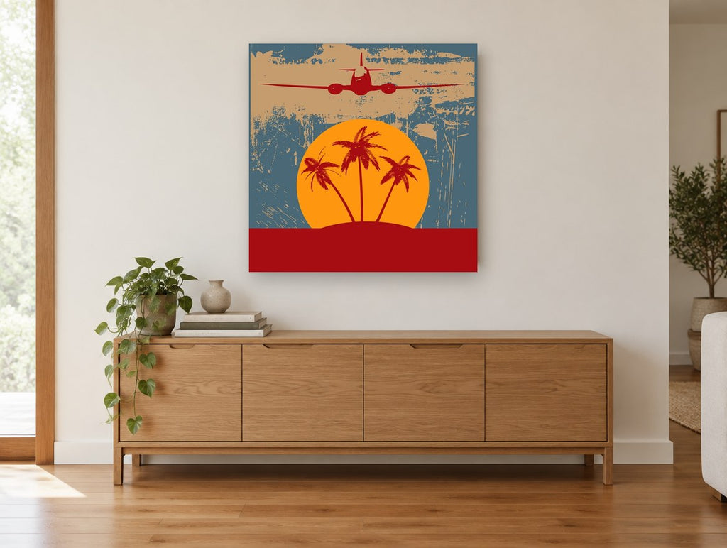 Island Flight at Sunset vintage canvas print on the wall of a living room above a sideboard