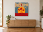 Island Flight at Sunset vintage canvas print on the wall of a living room above a sideboard